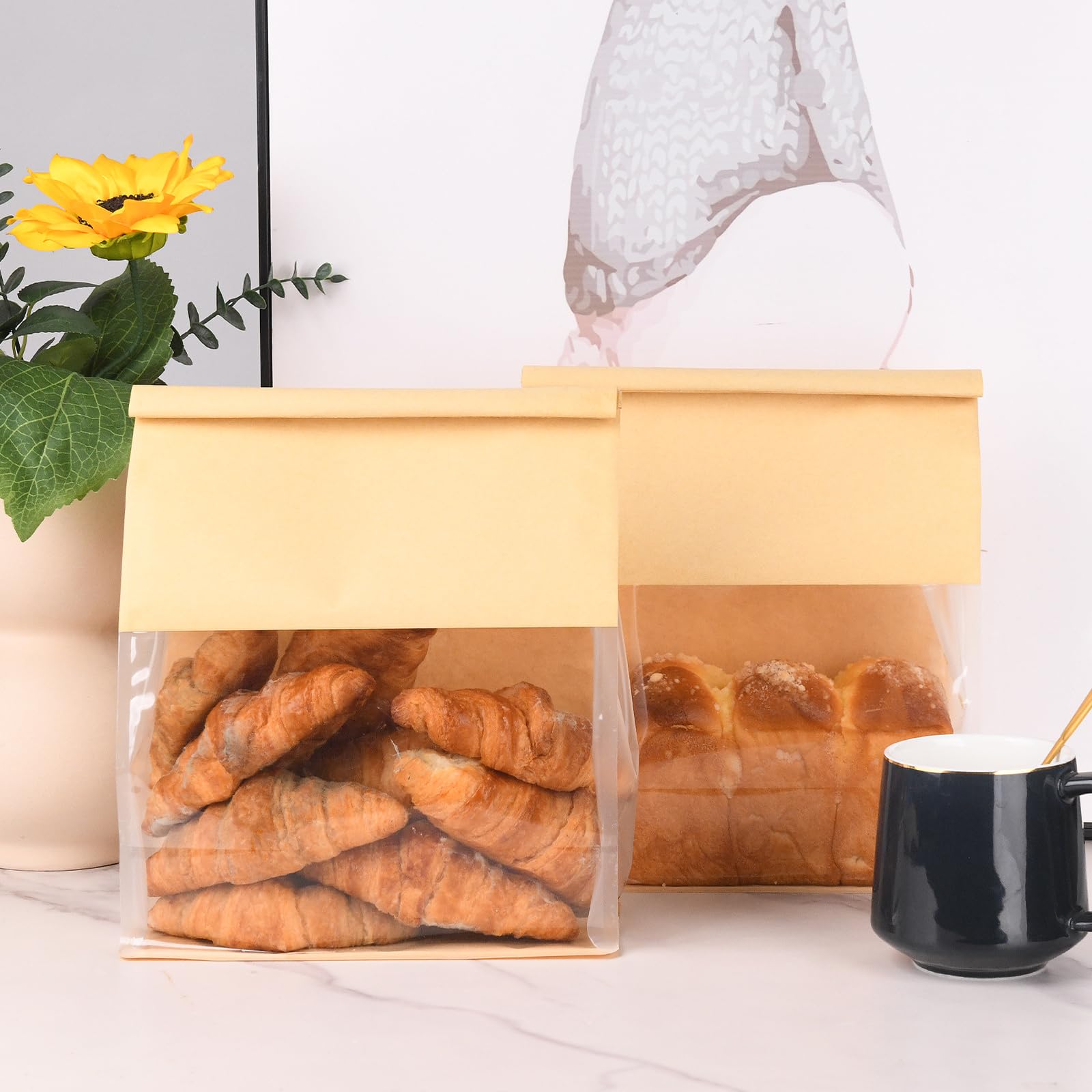 Paquete de 50 bolsas de pan grandes con cierre de pestaña de lata, bolsa de pan de 8.7 x 4.3 x 11 pulgadas con ventana frontal transparente, bolsa de golosinas para panadería, cafetería, pan casero