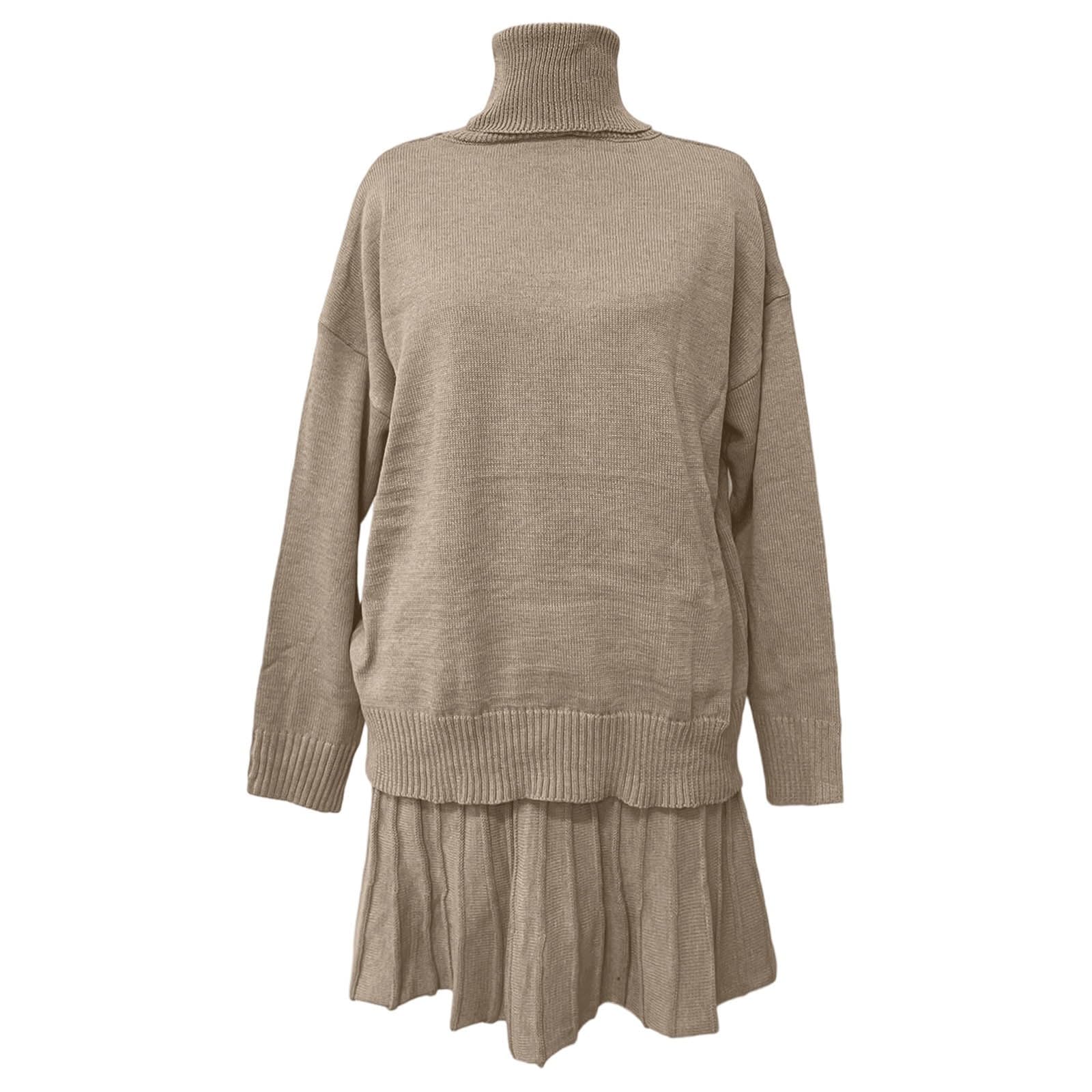 Conjunto de falda de 2 piezas para mujer, de manga larga, cuello alto, jersey y minifalda, monocolor, para invierno, otoño, falda plisada, traje de punto deportivo, traje de casa