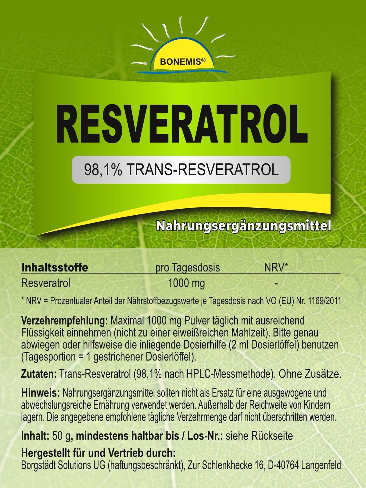 Trans-Resveratrol Pulver 98,1% nach HPLC, vegan, 50 g, ohne Zusätze