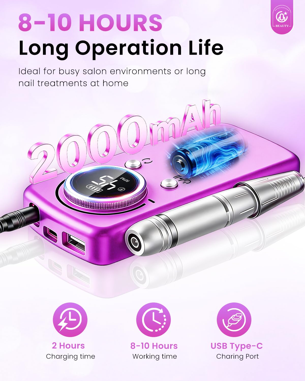 CozyZen Cordless Nail Drill Professional: 45000 RPM Rechargeable Electric Nail File Kit, Portable & Low Noise for Acrylic, Gel Nails, Manicure & Pedicure - Salon & Home Use
