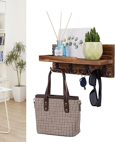 Miniatura 6 de Estante decorativo para colgar llaves con 4 ganchos dobles, fácil de instalar, soporte de madera natural para llaves y correo para montaje en pared,