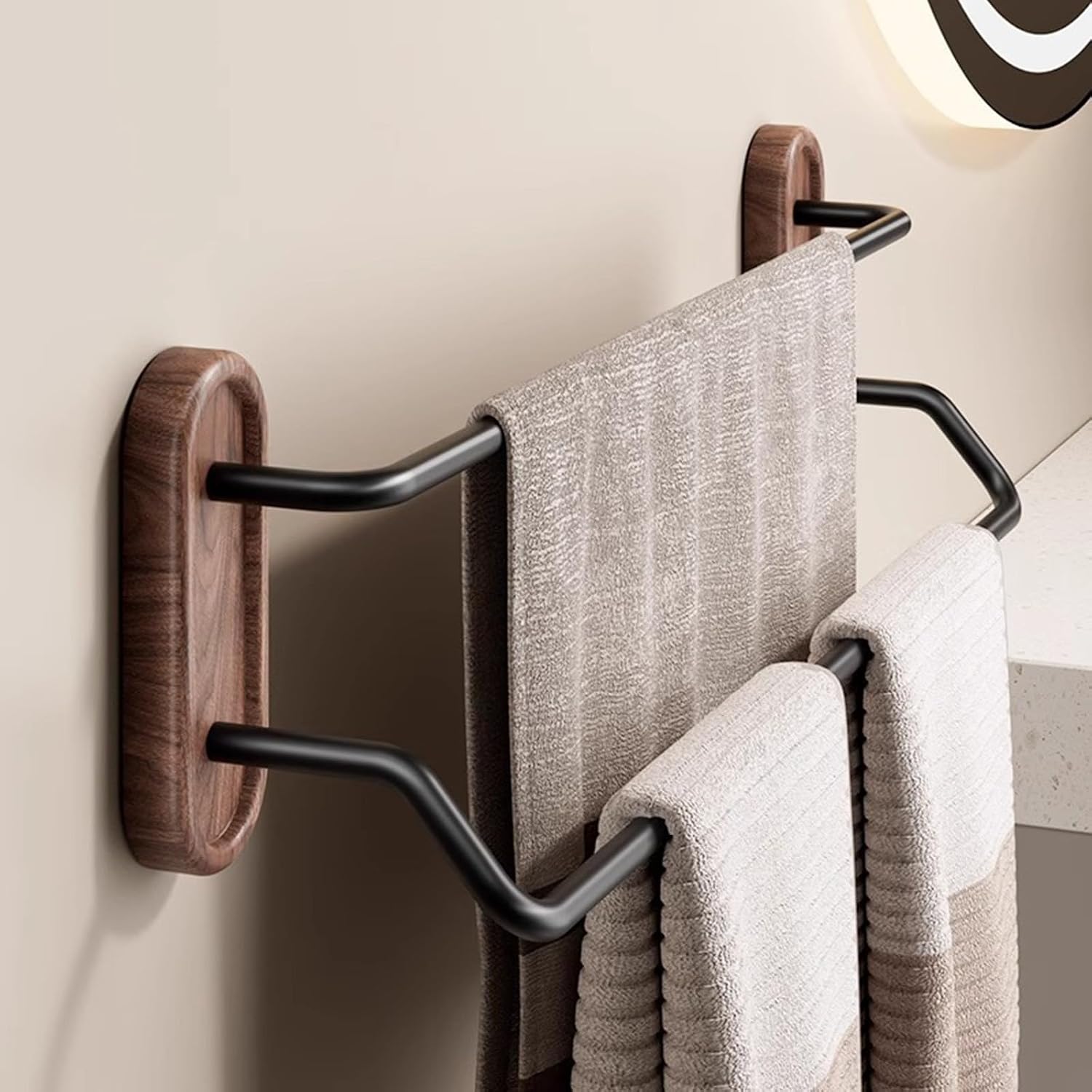 Walnut Bathroom Towel Rack - No Drill Wall Mounted Shelf, Natural Wood Towel Holder for Bath Sheets & Hand Towels, Bathroom Organizer with 5mm Thick Solid Wood Board