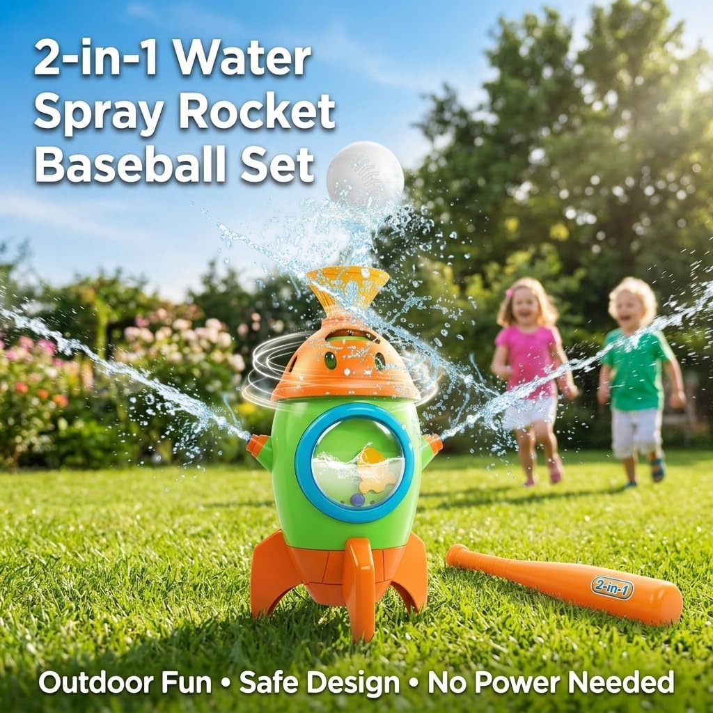 Rocket Water Sprinklers T Ball Set & Water Ball Toy (Orange), Kids Water Spray Toy for Backyard Outdoor Summer Games, Outside Water Play Toys for Boys Girls Toddlers Ages 3-8