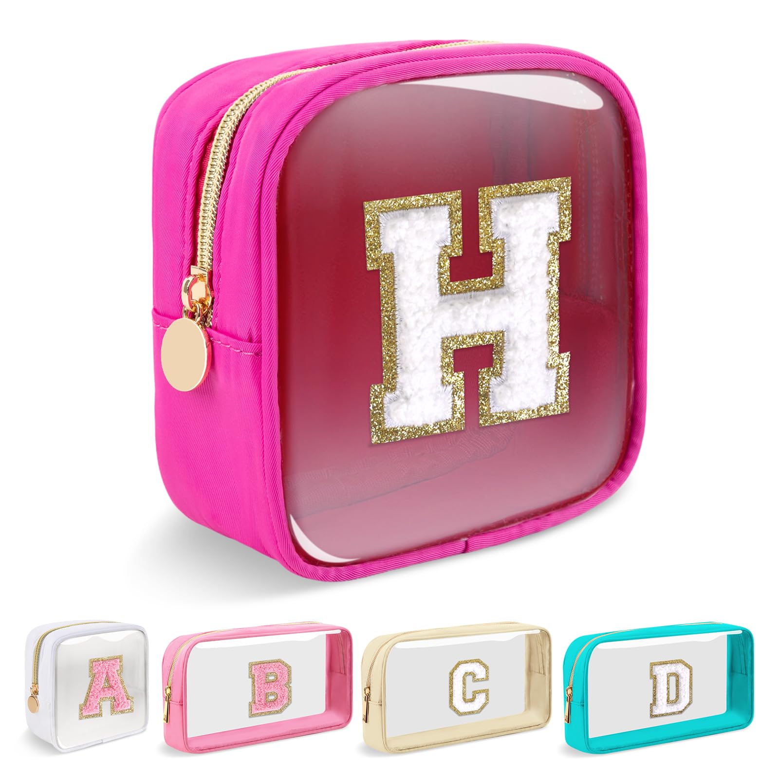 Mini Clear Personalized Initial Makeup Bag,Nylon Preppy A-Z Chenille Letter Patch Zipper Cosmetic Bag, Small Cute Beach Pouch Travel Purse Sanitary Napkin Storage Bag for Women Girls(Hot Pink-White H)