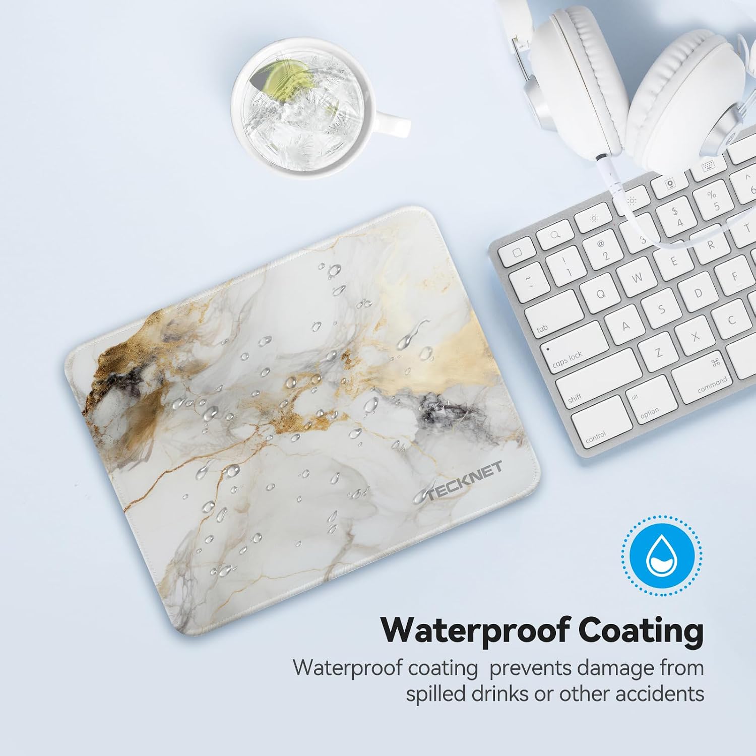 TECKNET Mouse Pad with Anti-fray Stitching, Waterproof Surface & Non-Slip Rubber Base with Stitched Edges Gaming Mouse Mat for Laptop，Compatible with Laser and Optical Mice - Platinum Marble - 4