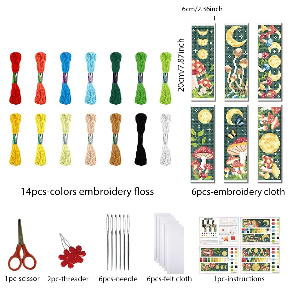 FREEBLOSS 6 Set Cross Stitch Bookmark Kit Stamped Cross Stitch Kit Mushroom Bush Embroidery Set with Instruction for Adults 8''*2.4''
