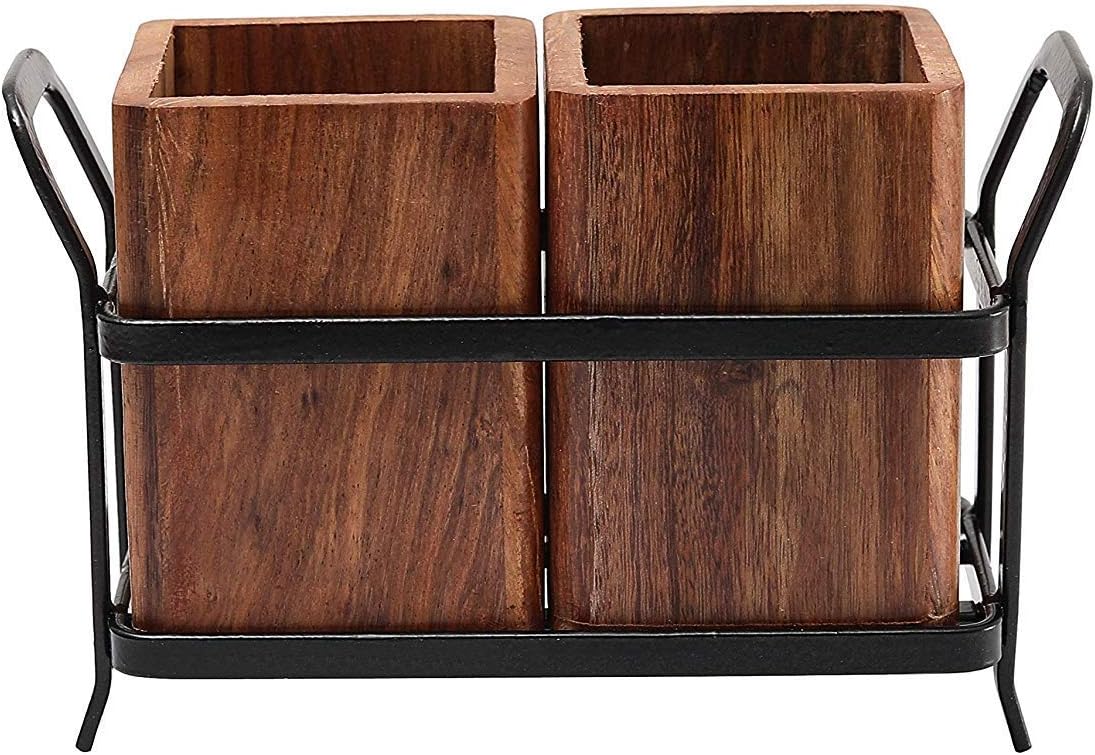 MFSCraft World Wooden Cutlery Holder with Metal Stand | Spoon Holder for Kitchen, Fork Organizer for Dining Table, Utensil Holder for Kitchen Counter | Rustic Wood Finish (Wooden)