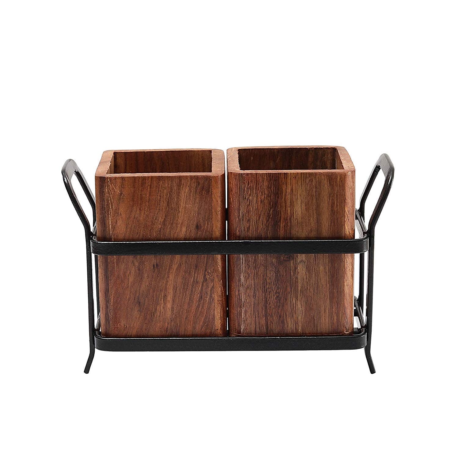 MS Craft World Wooden Cutlery Holder with Metal Stand | Spoon Holder for Kitchen, Fork Organizer for Dining Table, Utensil Holder for Kitchen Counter | Rustic Wood Finish (2 Compartments)