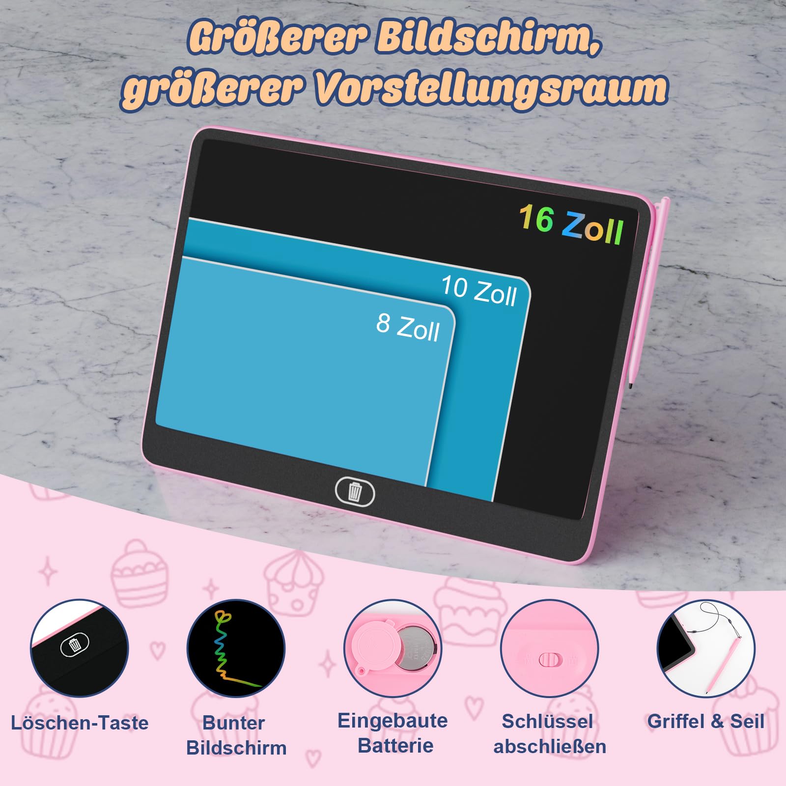 16 Zoll Bunte LCD Schreibtafel, Große Zeichentafel Elektronischer Tablette mit Sperr-& Löschfunktion, Augenschutz-Kritzelblock, Spielzeug & Geschenke für Kinder & Erwachsene zu Hause, Schule - Rosa - 4