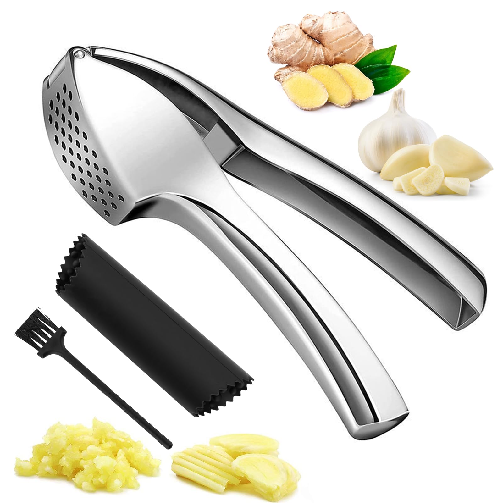 Presse à Ail Inox Avec Éplucheur Silicone Et Brosse - Lave-Vaisselle, Pour Ail, Gingembre, Noix - Ergonomique
