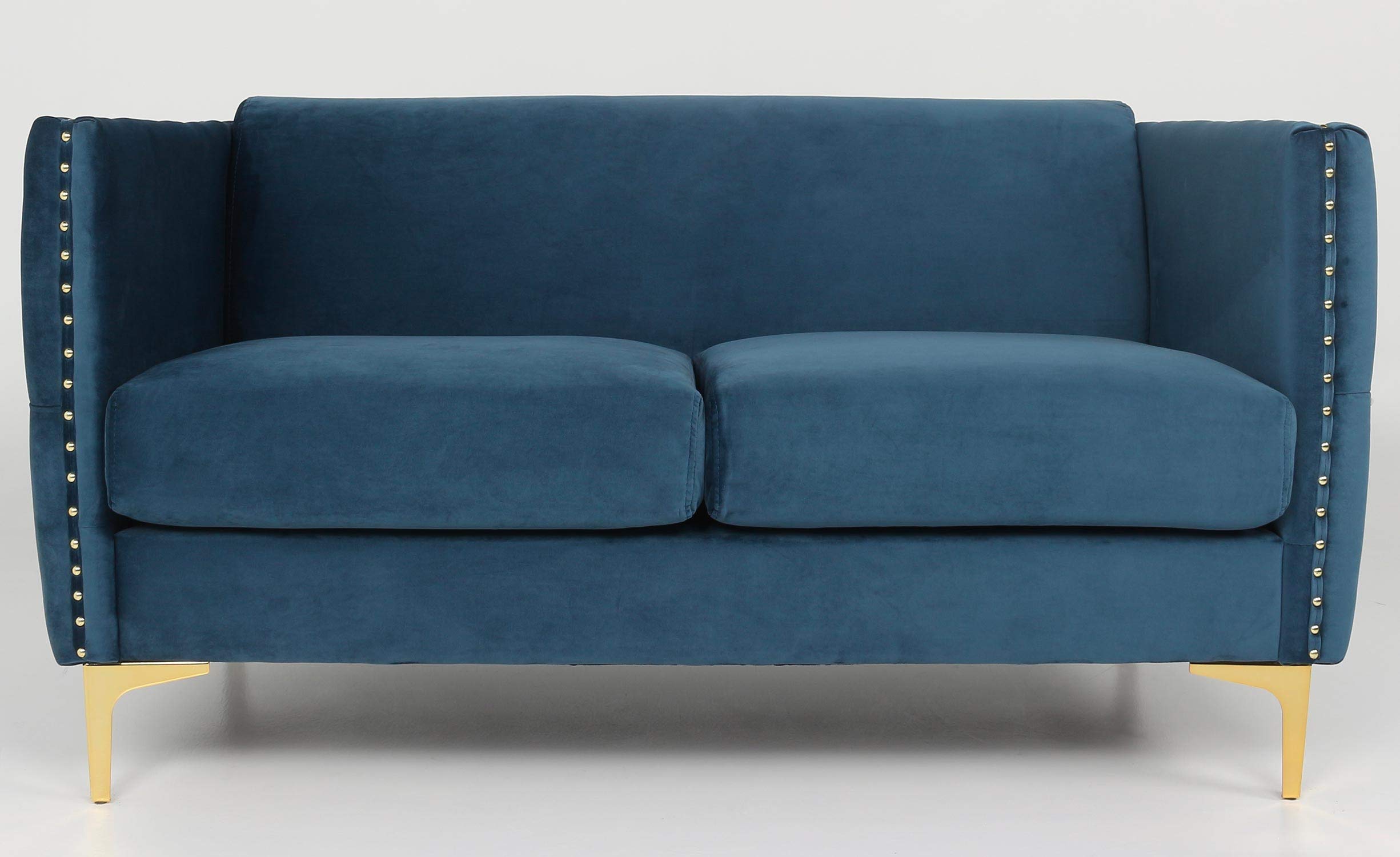 Menzzo Canapé 2 Places L145 cm Joshua Velours Bleu – Canapé Capitonné Design Chic avec Pieds Métal Doré – Canapé Compact Confortable pour Salon & Petit Espace