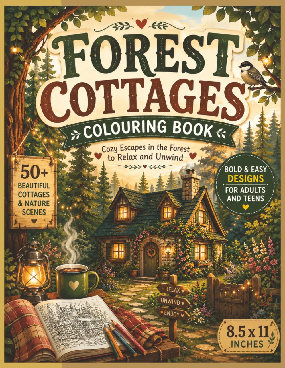 Forest Cottages Colouring Book: Bold and Easy Cozy Nature Scenes for Relaxation and Stress Relief