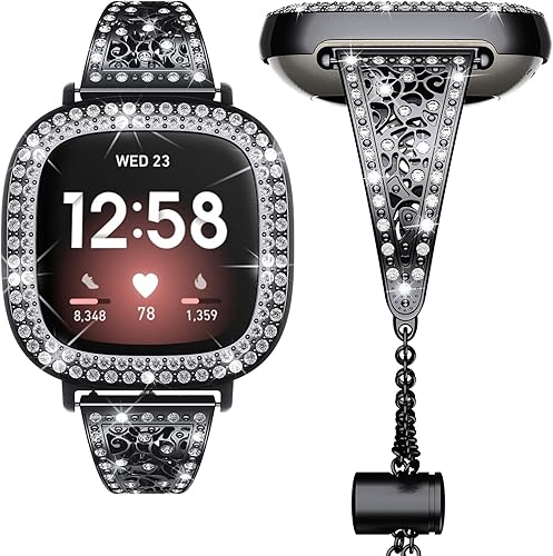 Goton Compatible con Fitbit Versa 3 Band, pulsera de repuesto de diamantes brillantes para mujer y funda protectora de parachoques compatible con