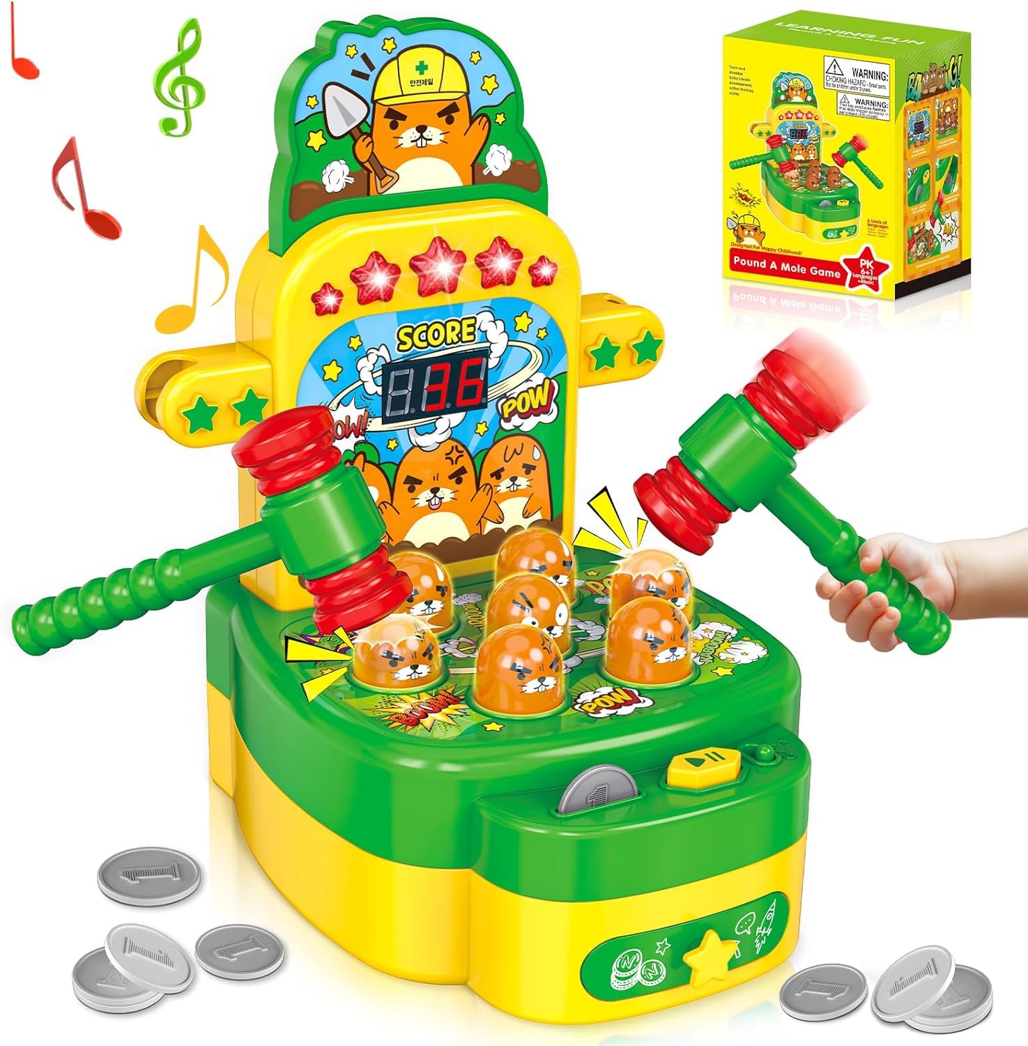 Mole Whack Spiel für Kinder ab 3 Jahre, Whack Spiel mit 2 Hämmern, Hau-den-Maulwurf-Spiel Interaktives Musik Spielzeug Elektronische Spiele zur Förderung der Motorik, Entwicklungsspielzeug