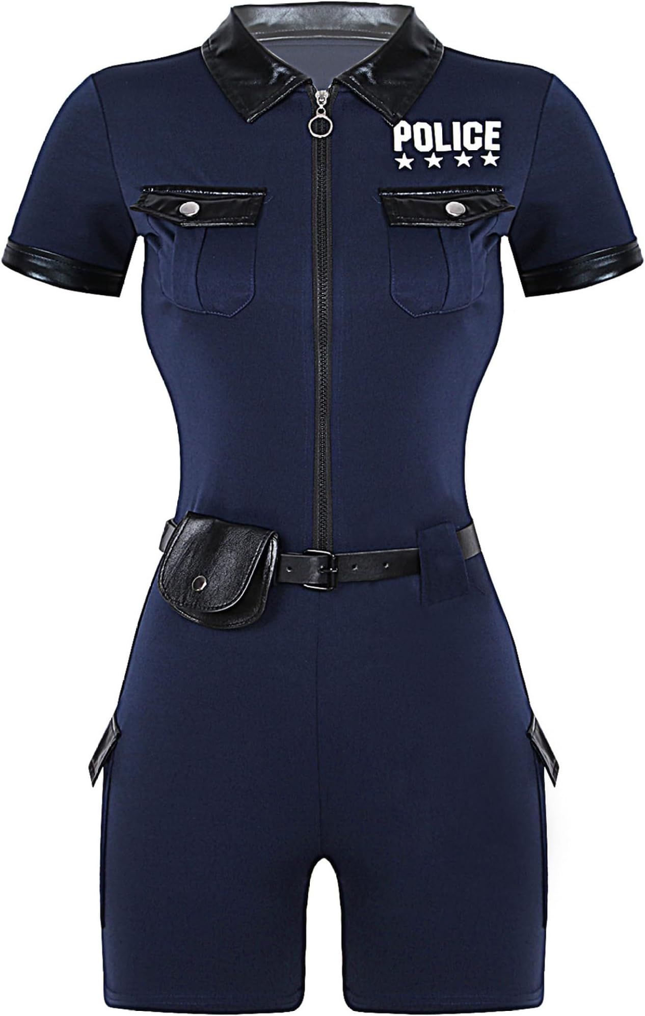 Fldy Womens Police Officer Costume Short Sleeve Jumpsuit with Belt Purse Policewoman Cop Outfits