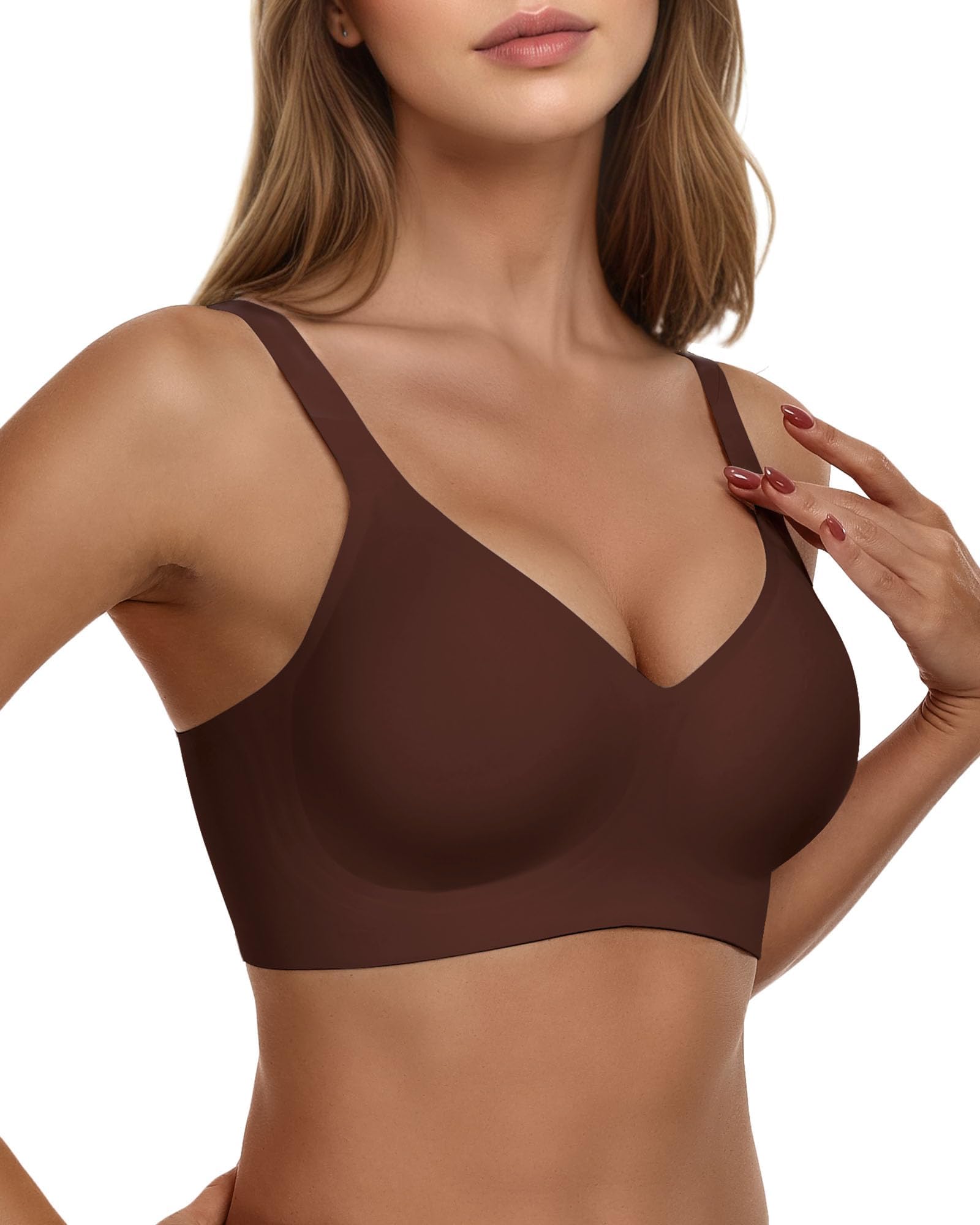 Womens Soft Comfortable No Underwire Bras V Neck Seamless Push Up Bralettes Full Coverage Tshirt Brassiere
