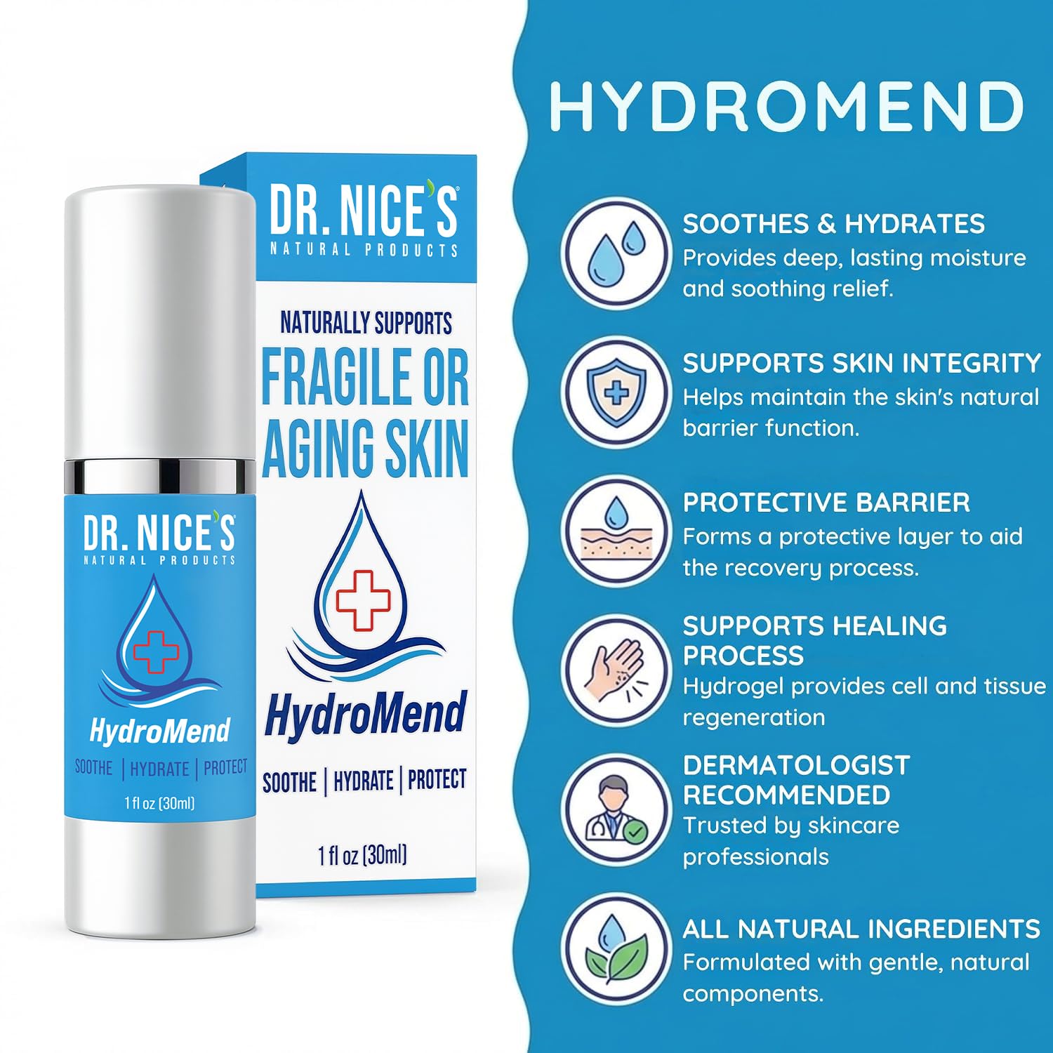 DR. NICE'S HydroMend Hydrogel Wound Gel for Seniors - First Aid Skin Repair Gel for Minor Cuts, Scrapes, Sores & Burns on Thin, Fragile & Aging Skin - Soothing Protective Barrier - USA Made, 1 Fl Oz — Amazon image 2