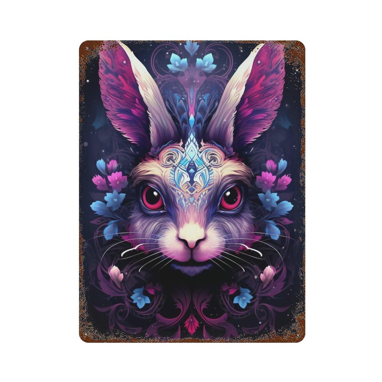 Rusty Metal Tin Sign Fantasy Rabbit Art Print-1 15.7"x11.8", Rustic Home Decor for Shed, Workshop And Garage Wall Decor