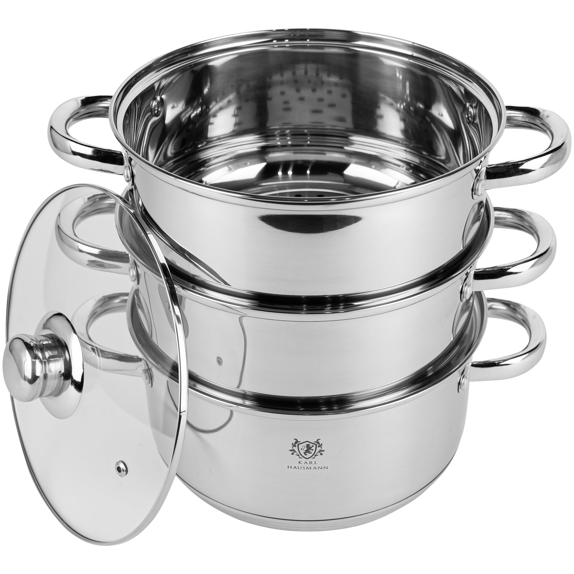 KARL HAUSMANN Dampfgarer Topf 3,3L 20 cm - Dampftopf Aus Edelstahl Für Induktion, Dampfkochtopf Mit 3 Garebenen Und Glasdeckel, Gemüsedämpfer Für Gemüse, Fisch, Dumplings Und Kartoffeln