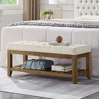 24KF Tufted Linen Ottoman Bench with Solid Wood Storage Shelf - Large Upholstered Padded Footstool, Ivory 44"W