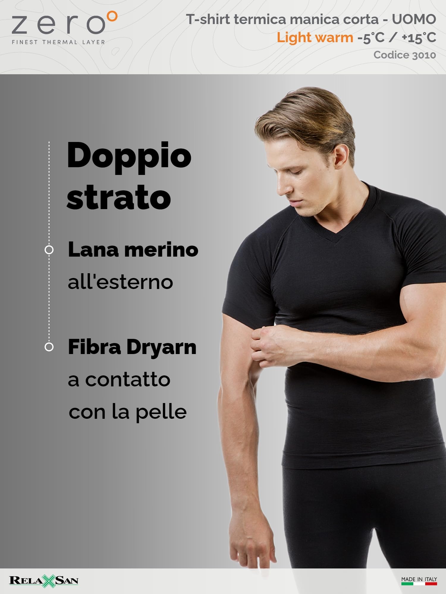 Relaxsan Zero Maglia Termica Uomo Manica Corta, con Lana Merino, Made in Italy, cod. 3010