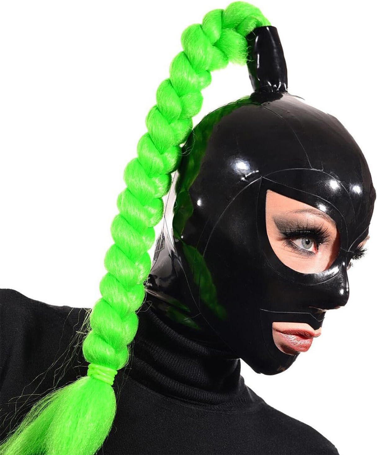 Latex Hood Cover with Wig Ponytail BDSM Fetish All Inclusive Latex Head Mask Rubber Hood for Cosplay Party