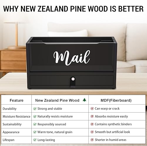 Miniatura 5 de Organizador de almacenamiento de correo de madera maciza de dos capas con cajón superior e inferior de acrílico transparente, mango de cuero, para