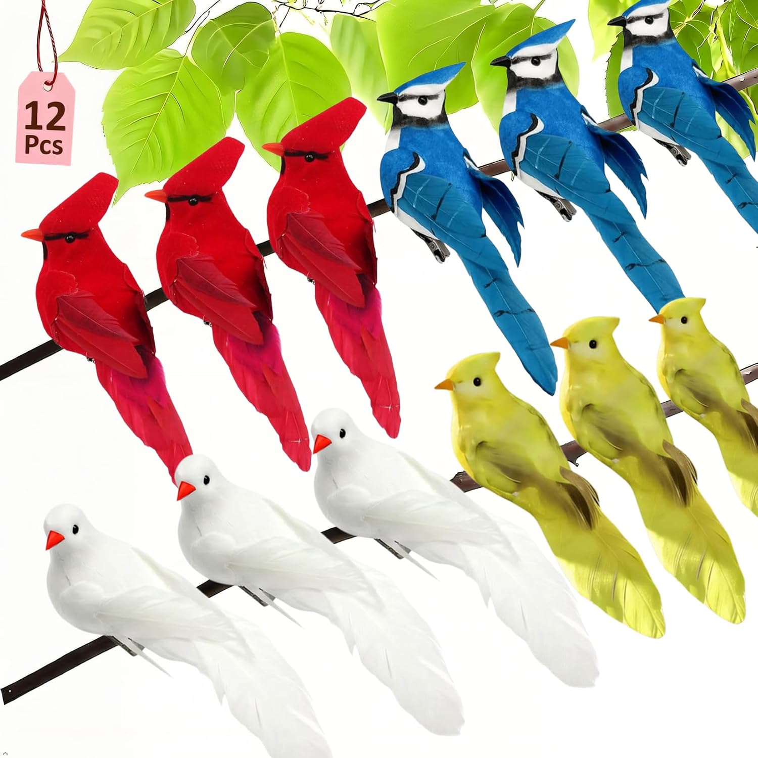 12PCS Colorful Artificial Birds,Cardinal, Blue Birds, Fake Birds