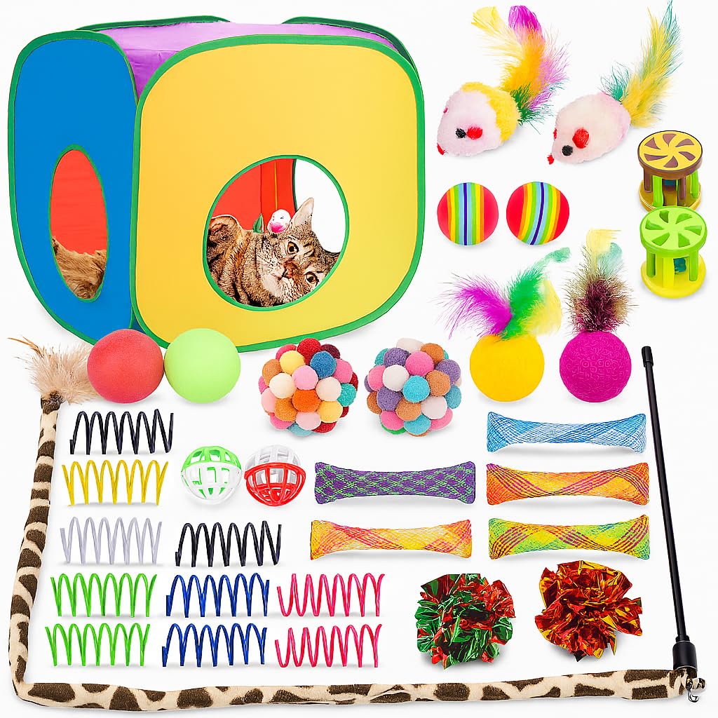 Kit Interativo 33 Brinquedos para Gatos com Túnel Dobrável, Ratinhos, Bolas e Varinha com