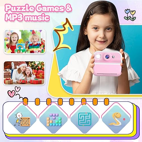 Miniatura 7 de Cámara instantánea para niños, regalos de cumpleaños de Navidad para niñas de 4, 5, 6, 7, 8, 9, 10 años, juguetes para niñas, 1080P HD, cámara