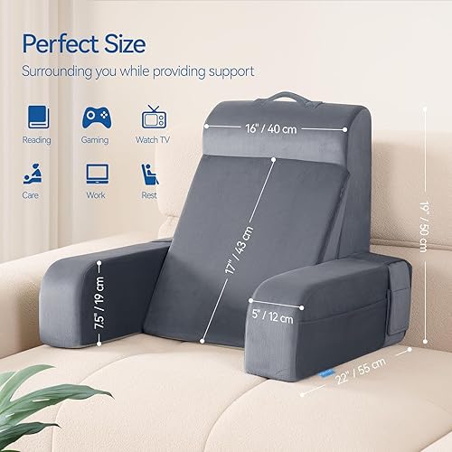 Miniatura 9 de Kayfia Almohada de lectura, almohada de espalda 10 en 1 para cama sentada con reposabrazos desmontable, respaldo con espuma viscoelástica de gel,