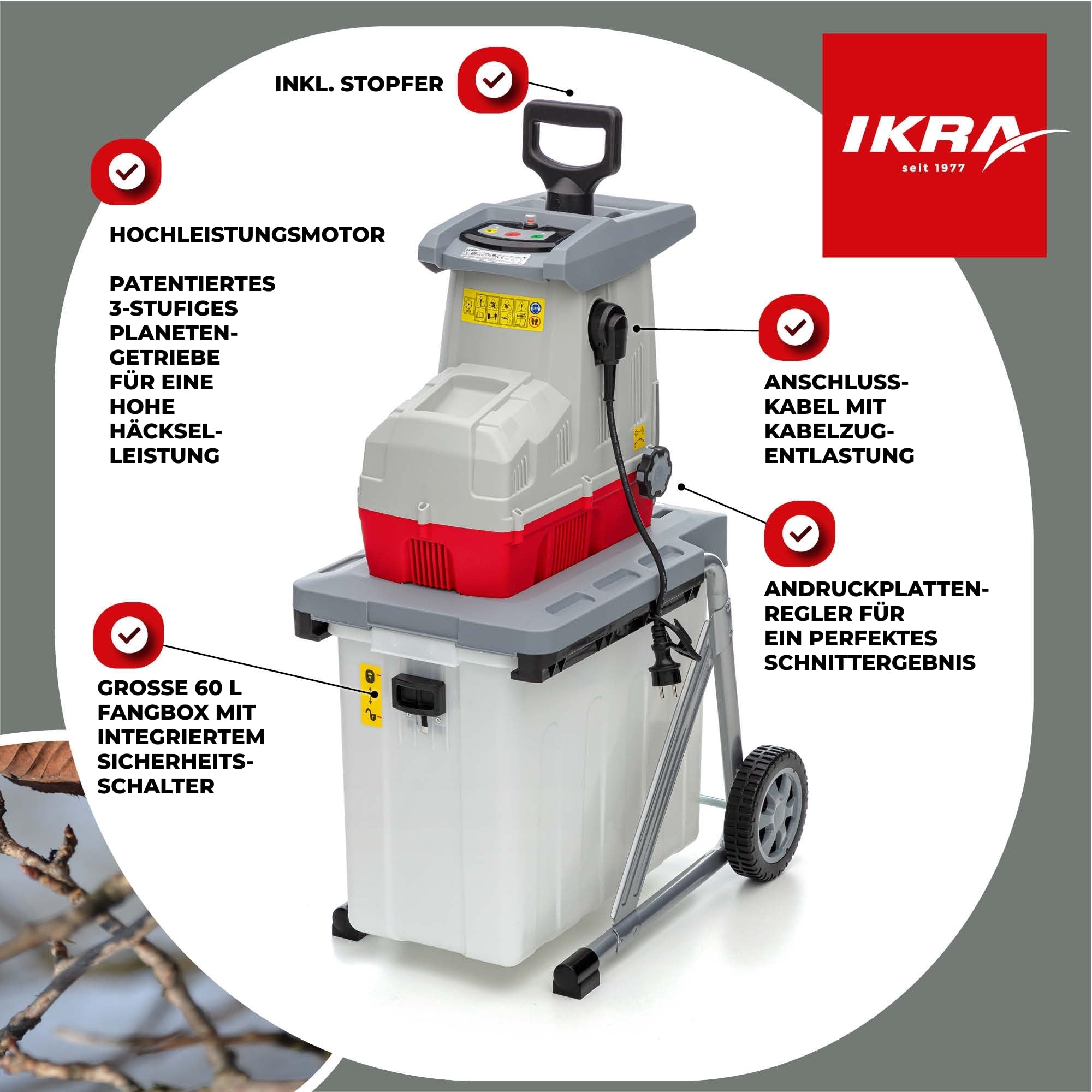 IKRA Elektro Gartenhäcksler Walzenhäcksler ILH 3200A, 3200 Watt, Aststärke bis 44mm