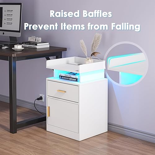 Miniatura 7 de Aufvolr Mesita de noche con estación de carga y luces LED, mesita de noche con cajón, mesita de noche con almacenamiento de gabinete, mesita de