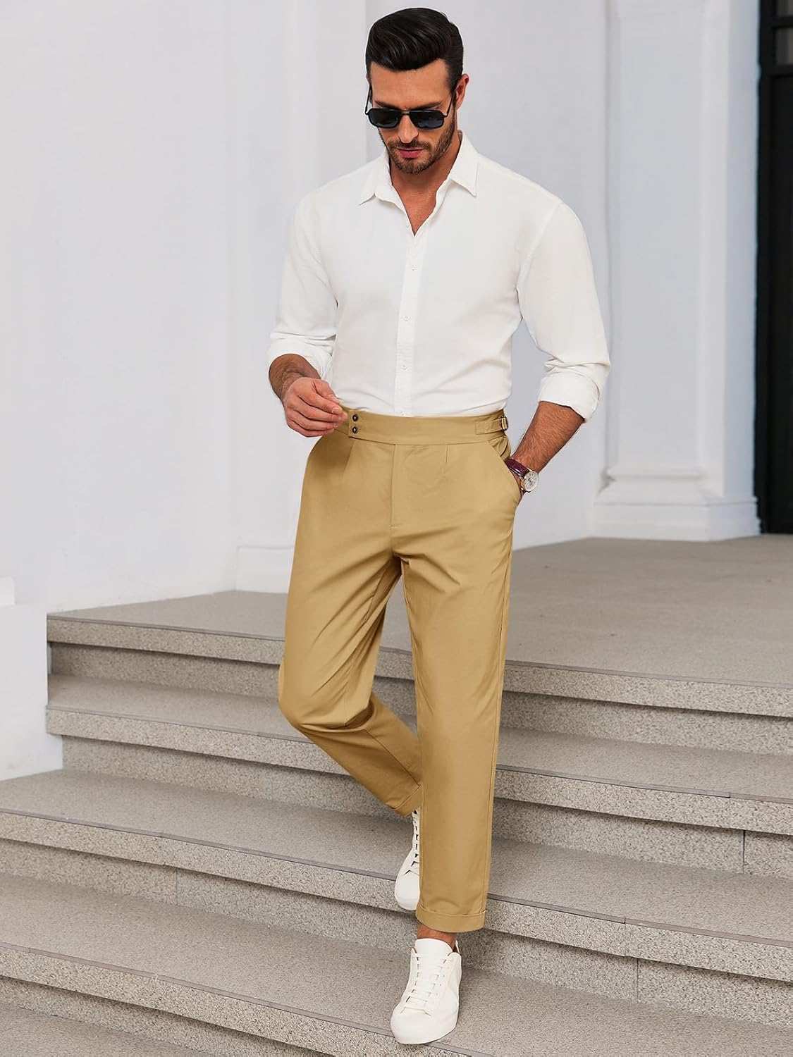 Runcati Mens Chinos Cotton Pants Slim Fit Pleated Front Dress Pants Casual Stretchy Tapered Trousers - Image 4