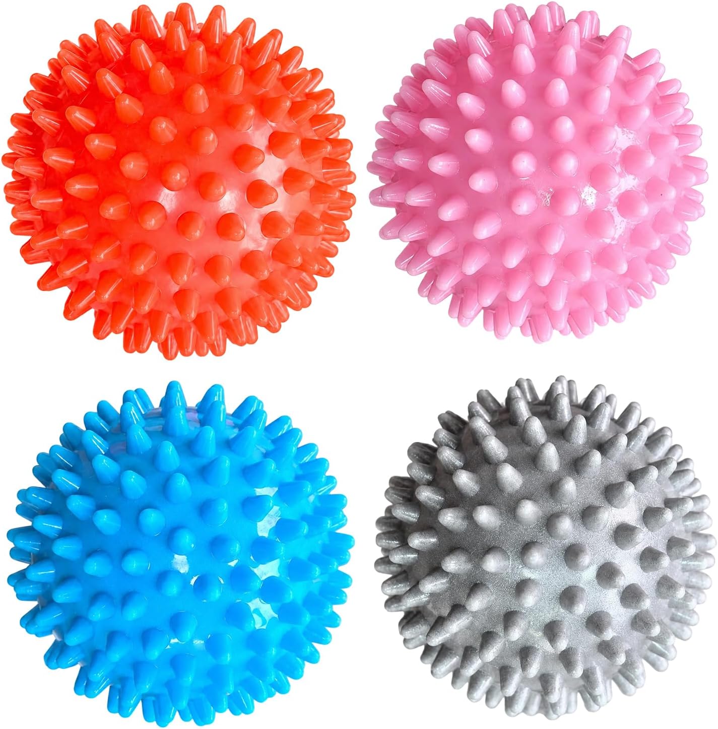 4-Pack Spiky Massage Balls, Massage Ball for Feet, Back, Feet, Hands, Muscles, Soft Spiked Massager Rollers for Plantar Fasciitis Relief, Myofascial Release, Acupressure and Stress Relief, 2.7 Inch