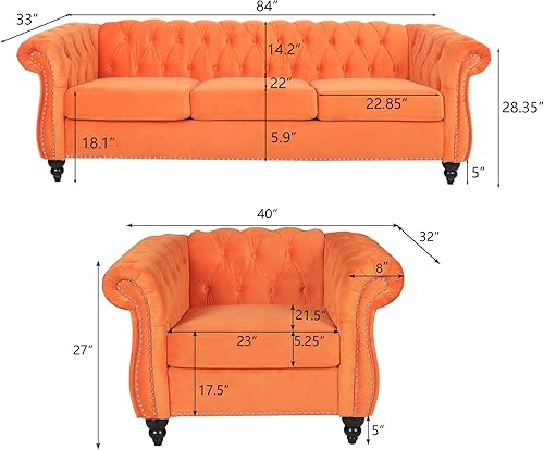 Miniatura 2 de RARZOE Moderno juego de sofá de 2 piezas, contemporáneo Chesterfield de terciopelo con botones copetudos, sofá de tres plazas y silla de club