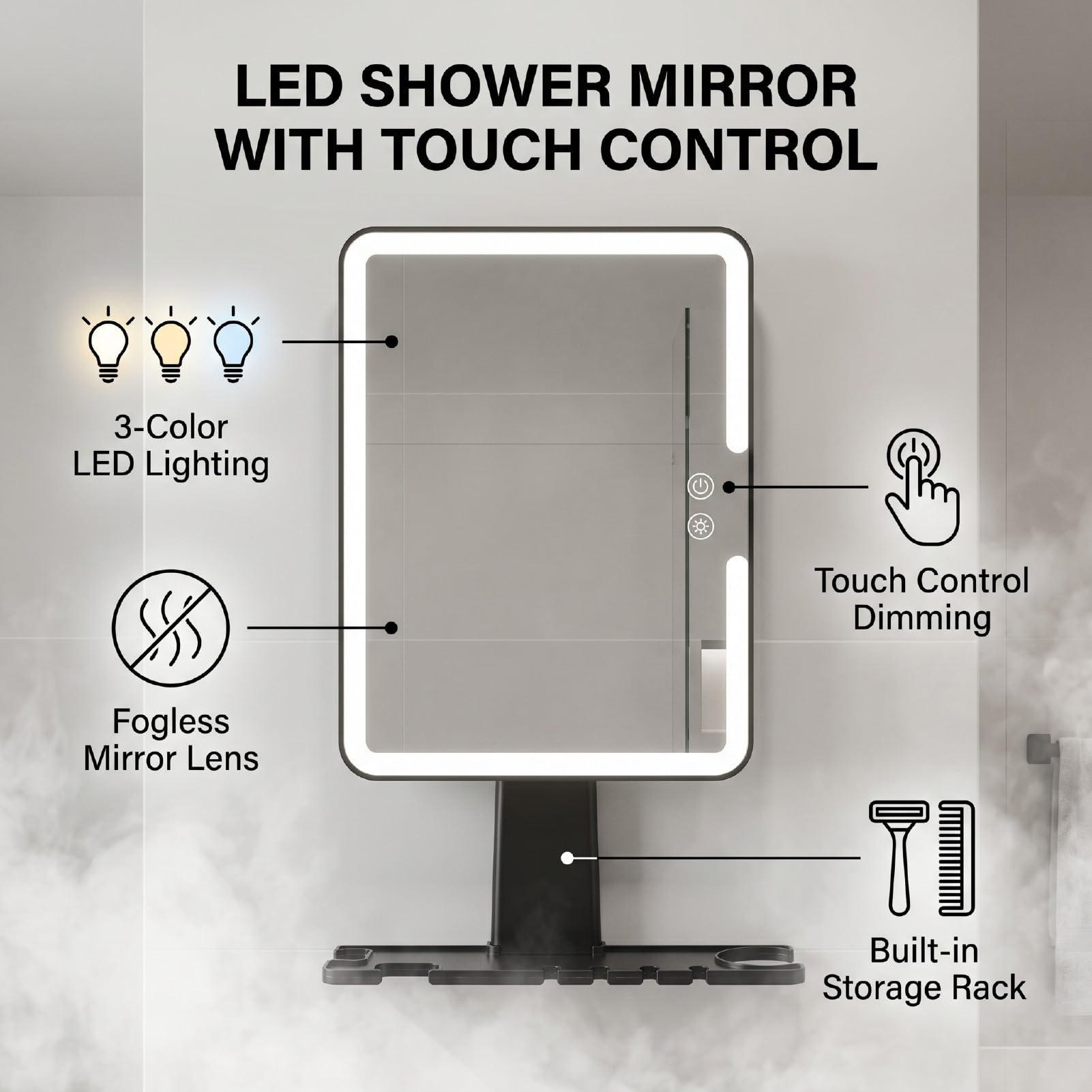 Cryfokt Beschlagfreier Spiegelschrank, LED-Spiegel ohne Bohren, (Black)