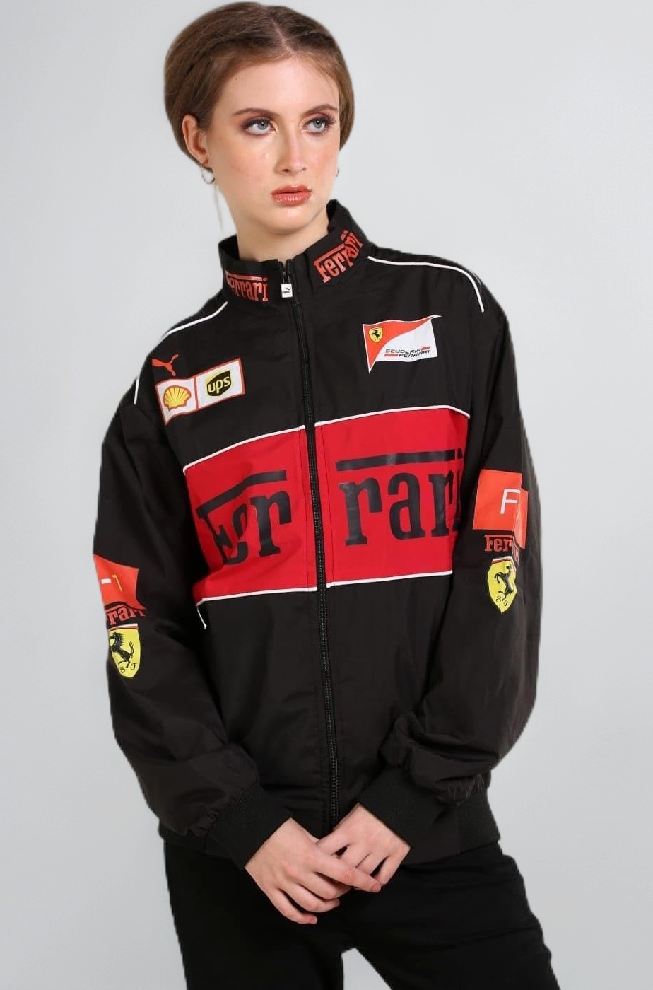 F1 Racing Jacket Graphic Printed Parachute Fabric Oversized Jackets for Women - Black