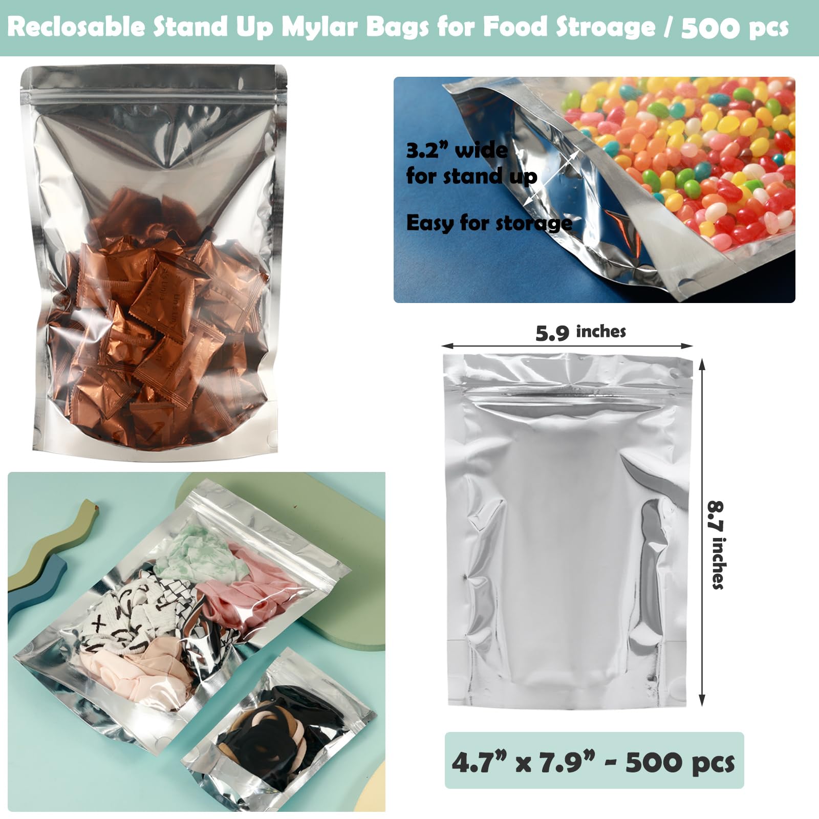 Confezione da 500 sacchetti richiudibili in mylar per la conservazione degli alimenti, 15 x 22,1 cm, con chiusura lampo, richiudibili, a prova di odore, in alluminio, con finestra trasparente