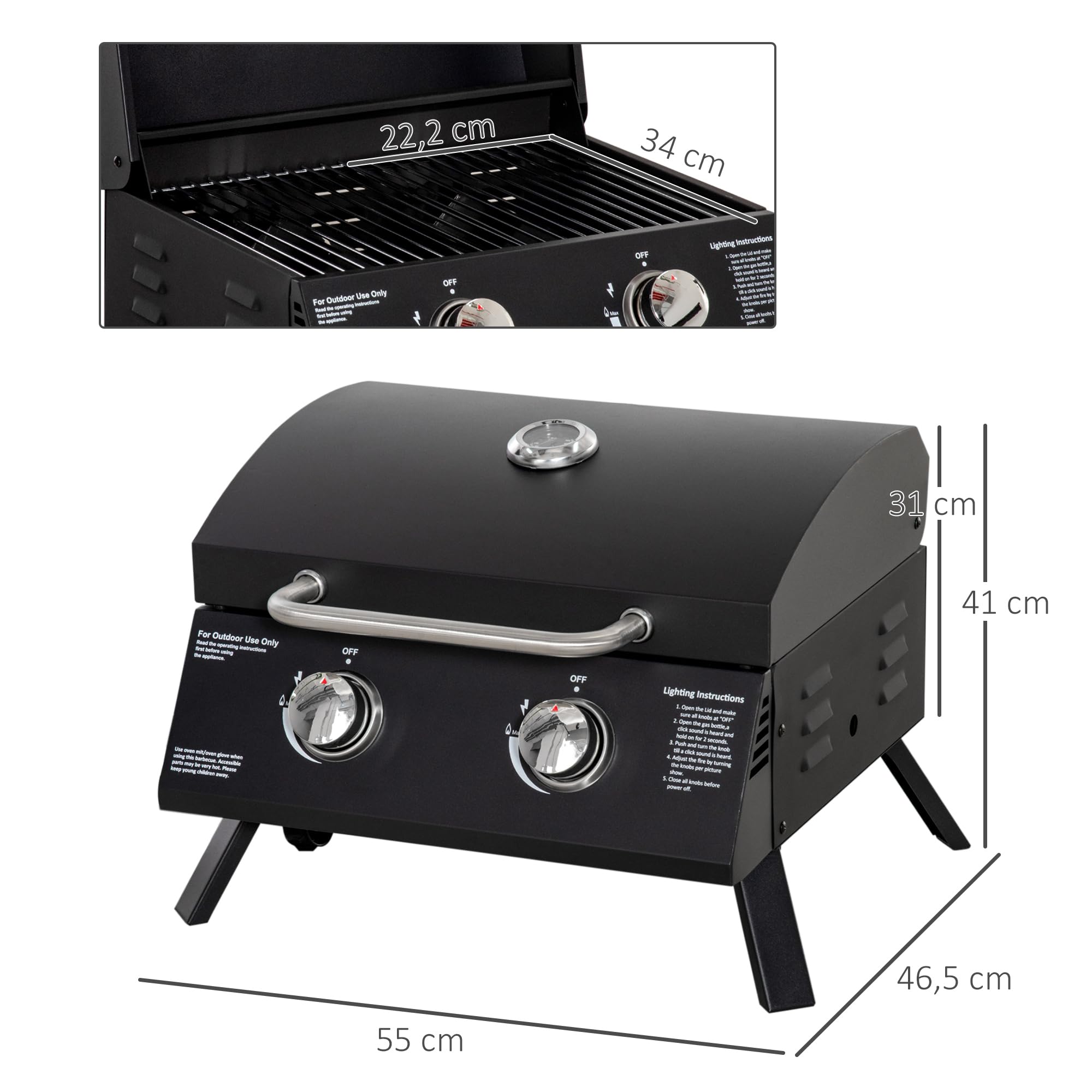 Przenośny grill gazowy składany nogi - 2 palniki 5 kW - grill gazowy kempingowy - ruszt do grillowania, pojemnik na tłuszcz, termometr - stal czarna