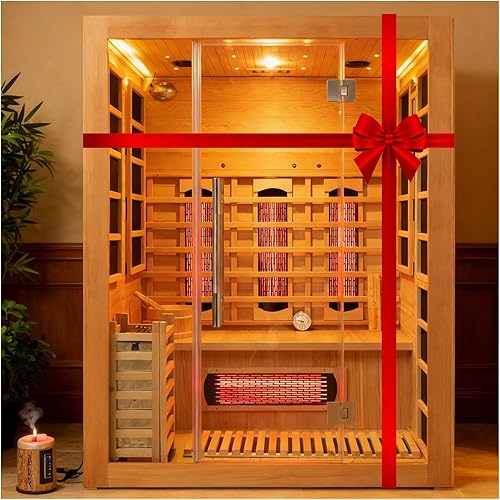 Infrared & Steam Dual-System Sauna Room, 3-4 Person Canadian Hemlock Wood Sauna, Indoor Traditional Home Saunas Spa with 10 Heaters & 4.5KW Sauna Stove, Oxygen Bar, 70.87"x47.28"x74.86"