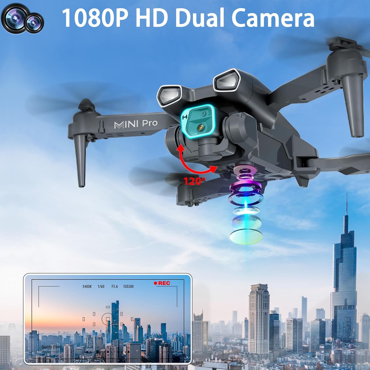 Drone with Two Camera for Adults, 1080P HD Mini FPV Drones for Kids Beginners, Foldable RC Quadcopter Toys for Boys Girls with Altitude Hold, 3D Flip, 3 Speeds, Headless Mode, Carrying Case - Image 2