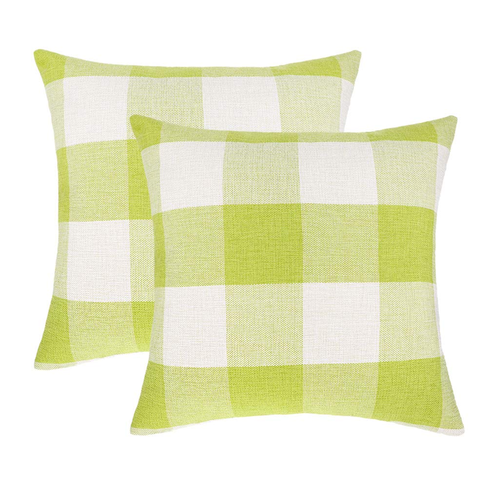 4TH EmotionSet of 2 Farmhouse Buffalo Check Plaid Throw Pillow Covers Cushion Case Polyester Linen for Spring Home Decor Bright Green White, 18 x 18 Inches