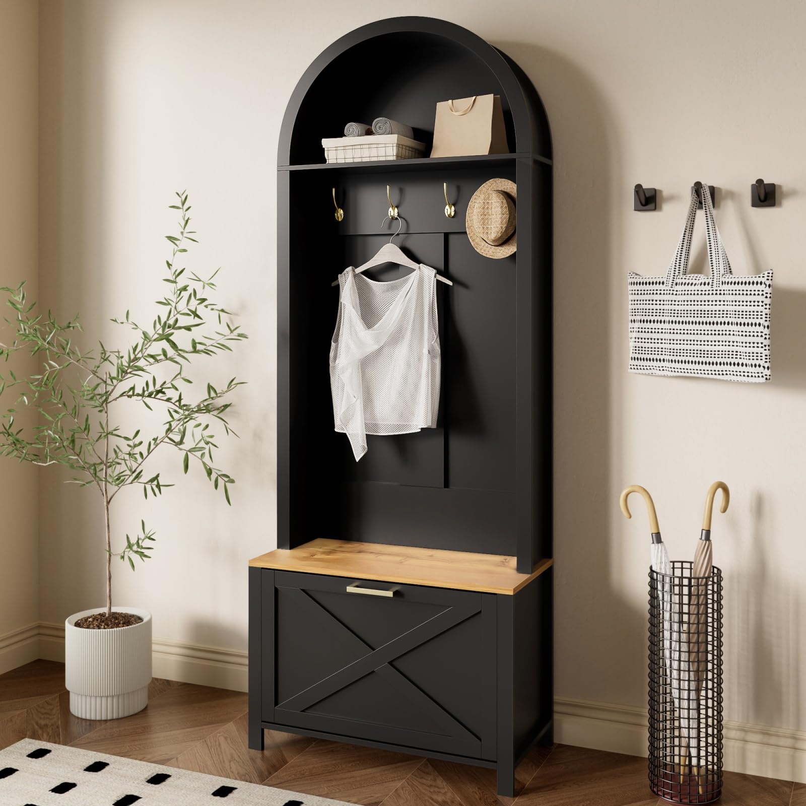 Ensemble de vestiaire Armoire multifonctionnelle avec étagère à Chaussures, Compartiments de Rangement et Crochets ; Meuble de Rangement Moderne doté d'une Base en Fer Robuste (Black)