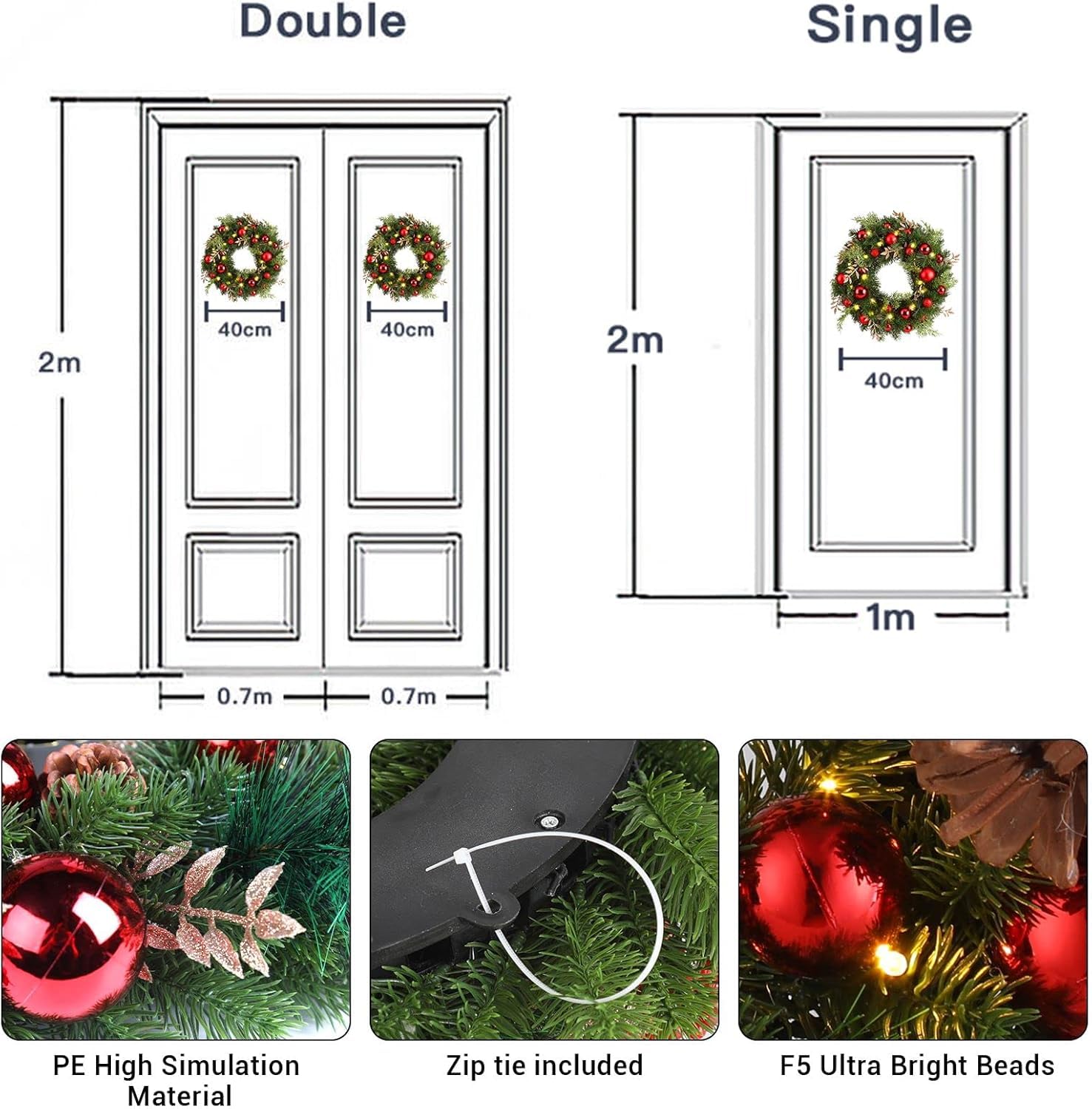 Avoalre 40cm Ghirlanda Natalizia con Luci LED Ghirlanda Natale a Batteria con Timer 8 Modalità Ghirlanda Natalizia per Porta Scale Camino Murale Finestre Interno Esterno Natale Decorazione