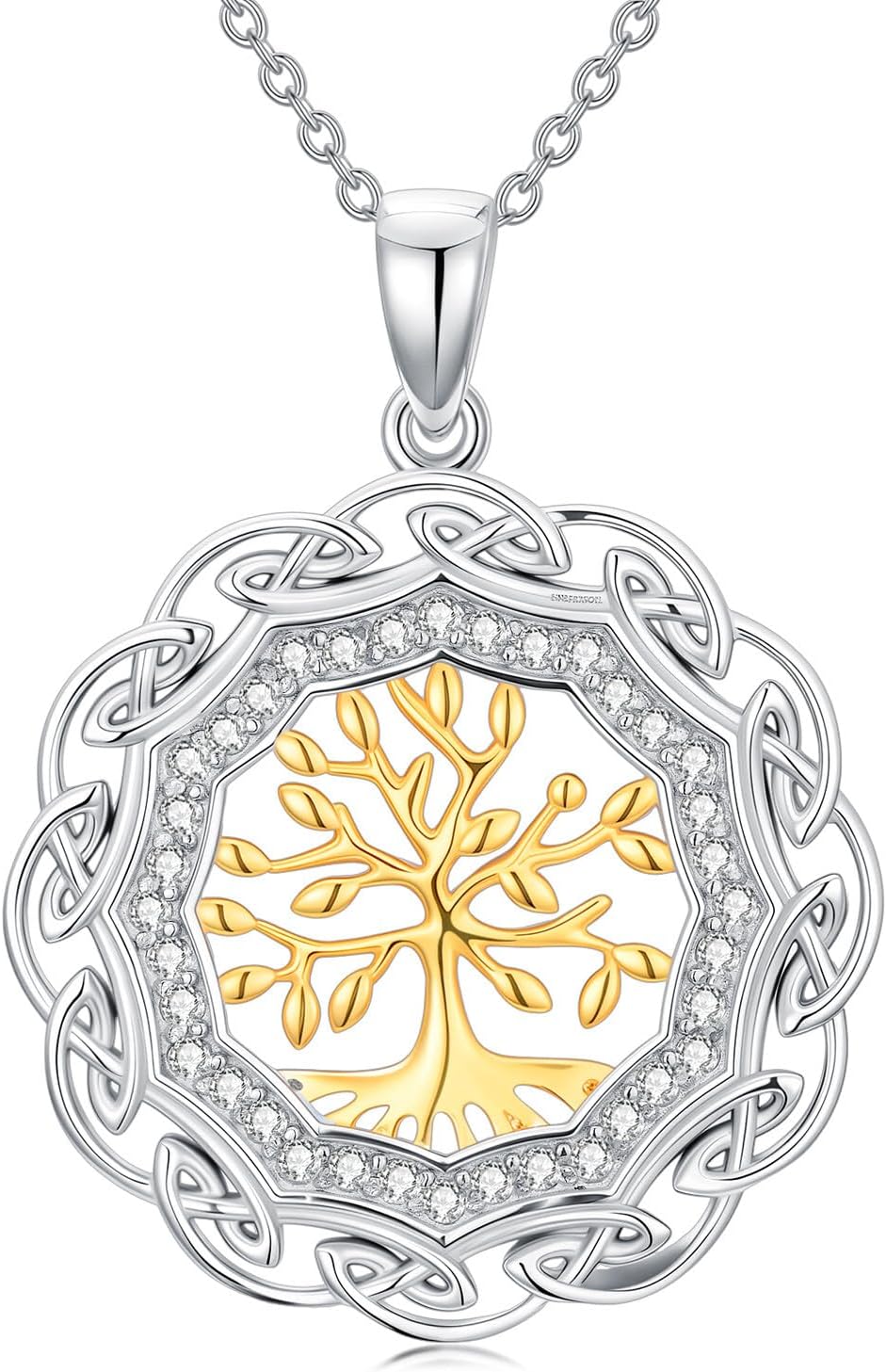 Sterling Silver Birthstone Celtic Tree of Life Necklace, 18K Gold Plated Colored Gemstone Tree of Life Pendant Two-Tone Necklaces Jewelry Birthday Gifts for Women 18" - 20"