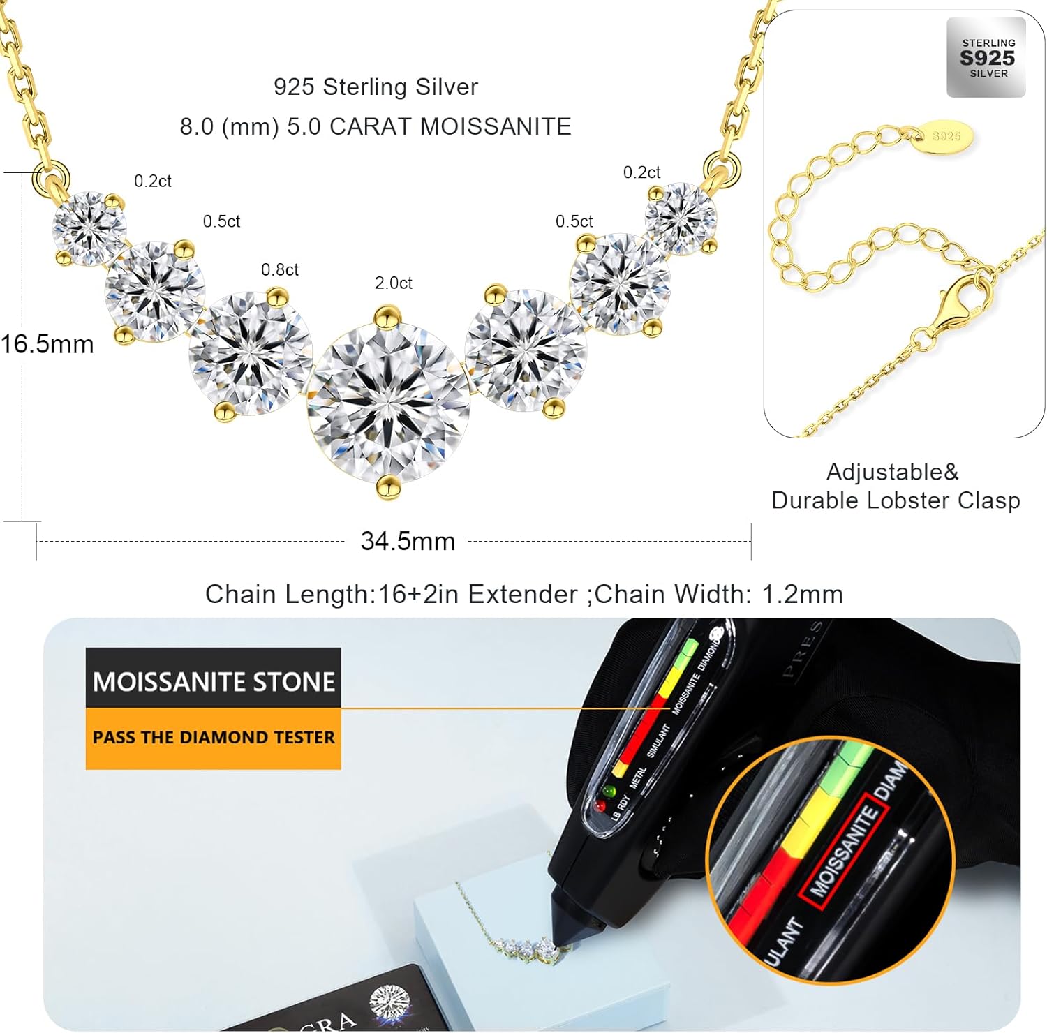 KRKC Valentine's Day Gift for Women, Moissanite Pendant Necklace, 5CT Lab Created Diamond Necklace, VVS1 Clarity D Color, Adjustable S925 Sterling Silver Chain 14K White Gold Plated, Birthday Gifts for Wife Mom Her - Image 3