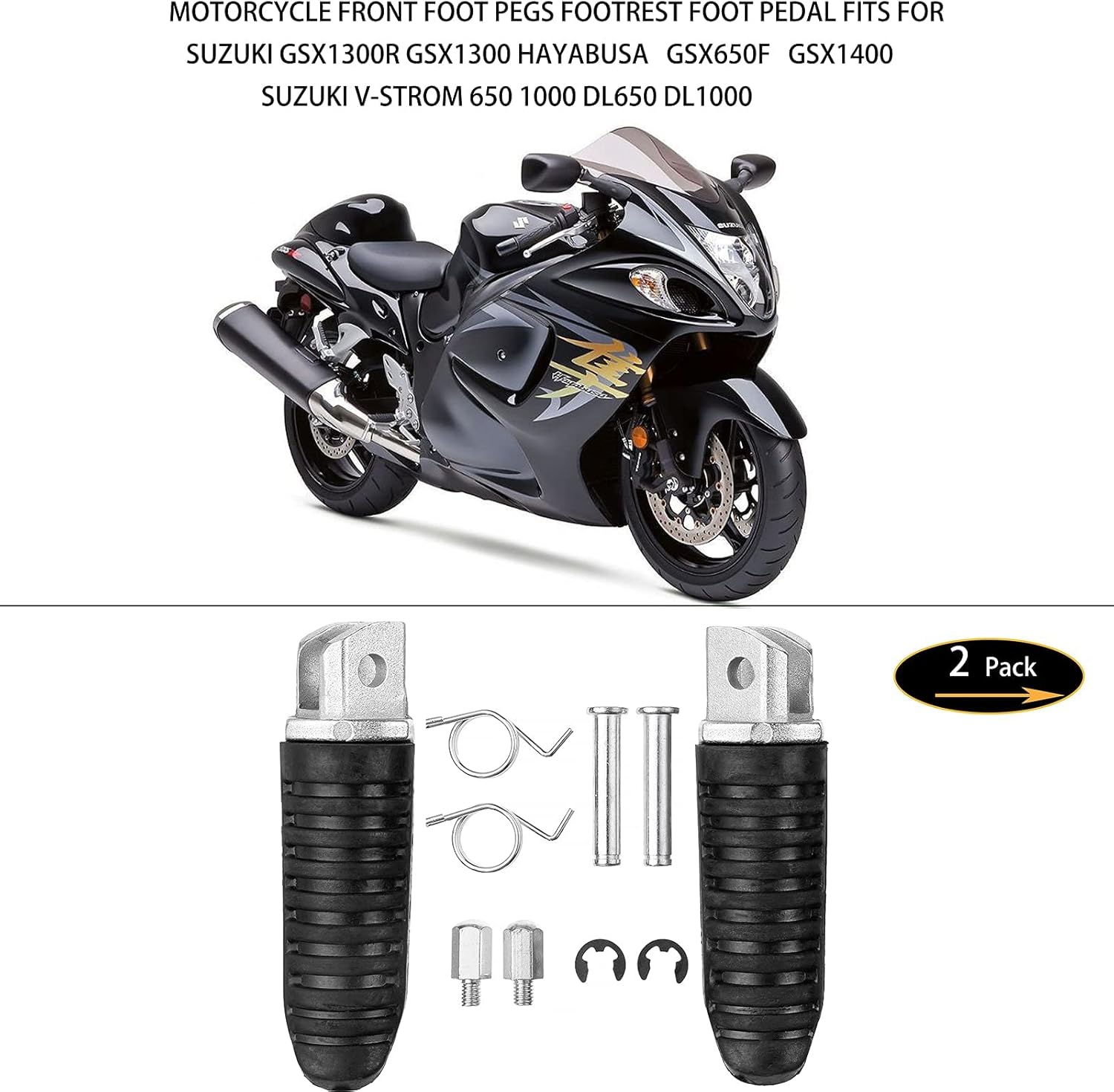 Front Foot Pegs Footrets for suzuki 1999-2012 GSX1300R GSX1300 Hayabusa, 2008-2012 GSX650F, 2002-2008 GSX1400, V-Strom 650 1000 DL650 DL1000 All Years (Suzuki-Front)