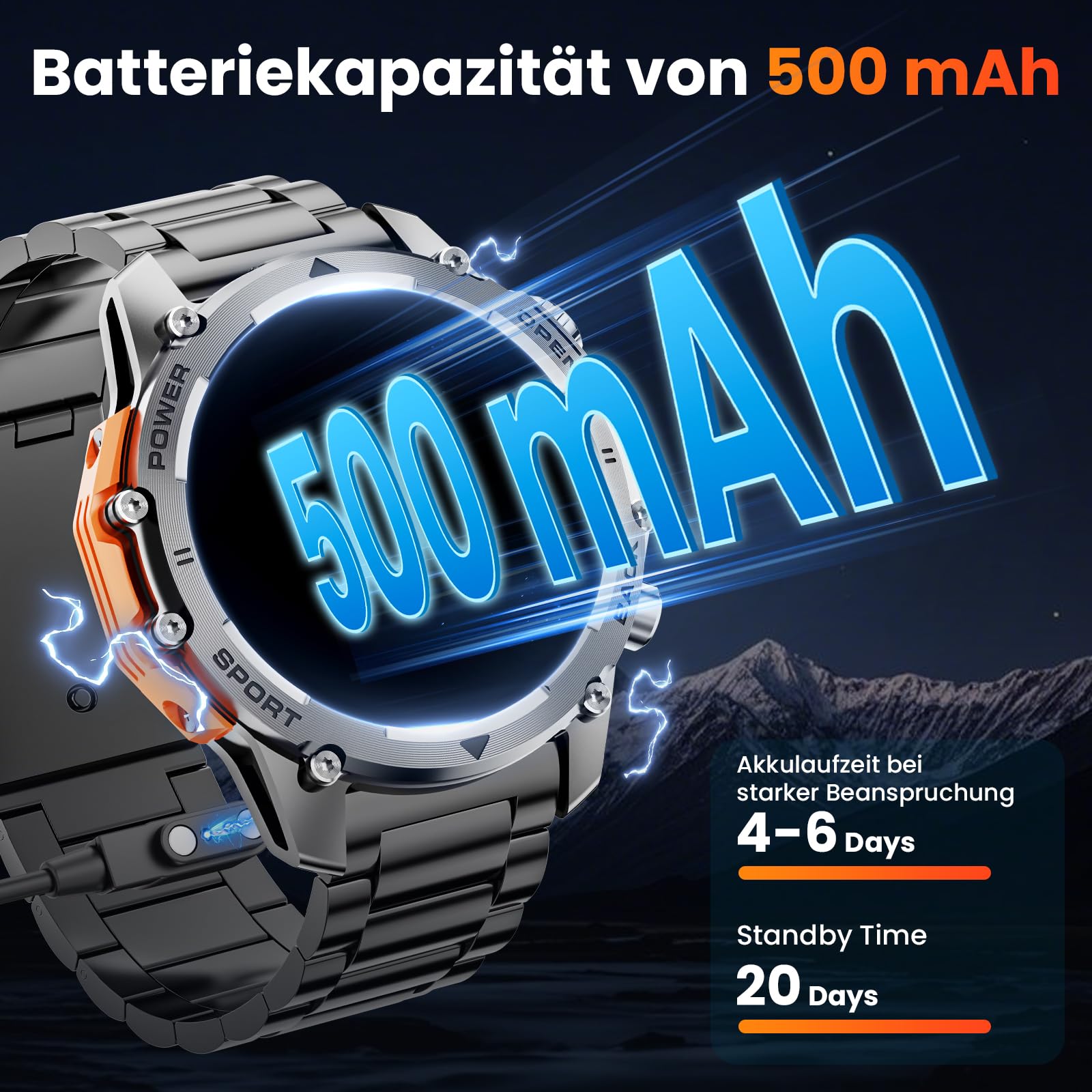 Smartwatch męski, 1,52" HD Smart Watch z 500 mAh, długi czas pracy baterii, 114+ trybów sportowych, styl wojskowy, zegarek fitness z pulsometrem, krokomierzem, monitorem snu, latarką, z systemem