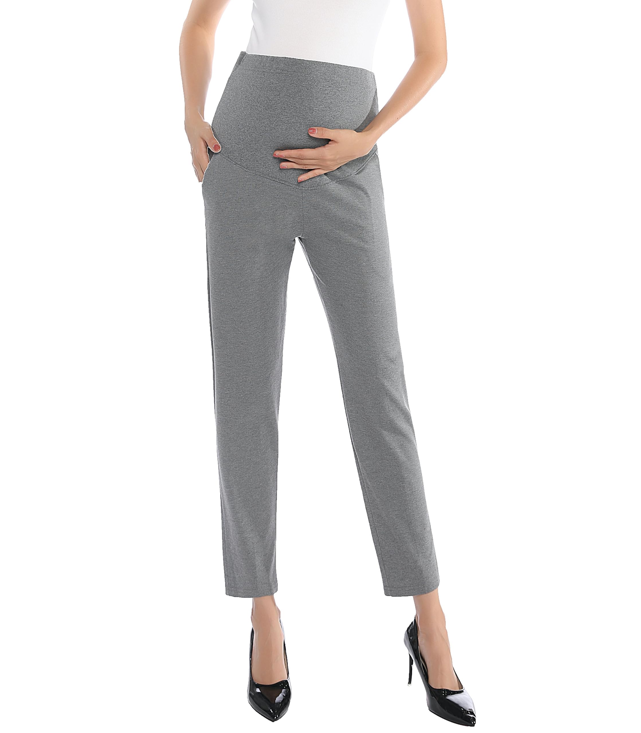 Maternity Pants Work Over The Belly with Pockets, Womens Pregnancy Dress Pants Office Clothes Trousers Stretch Summer